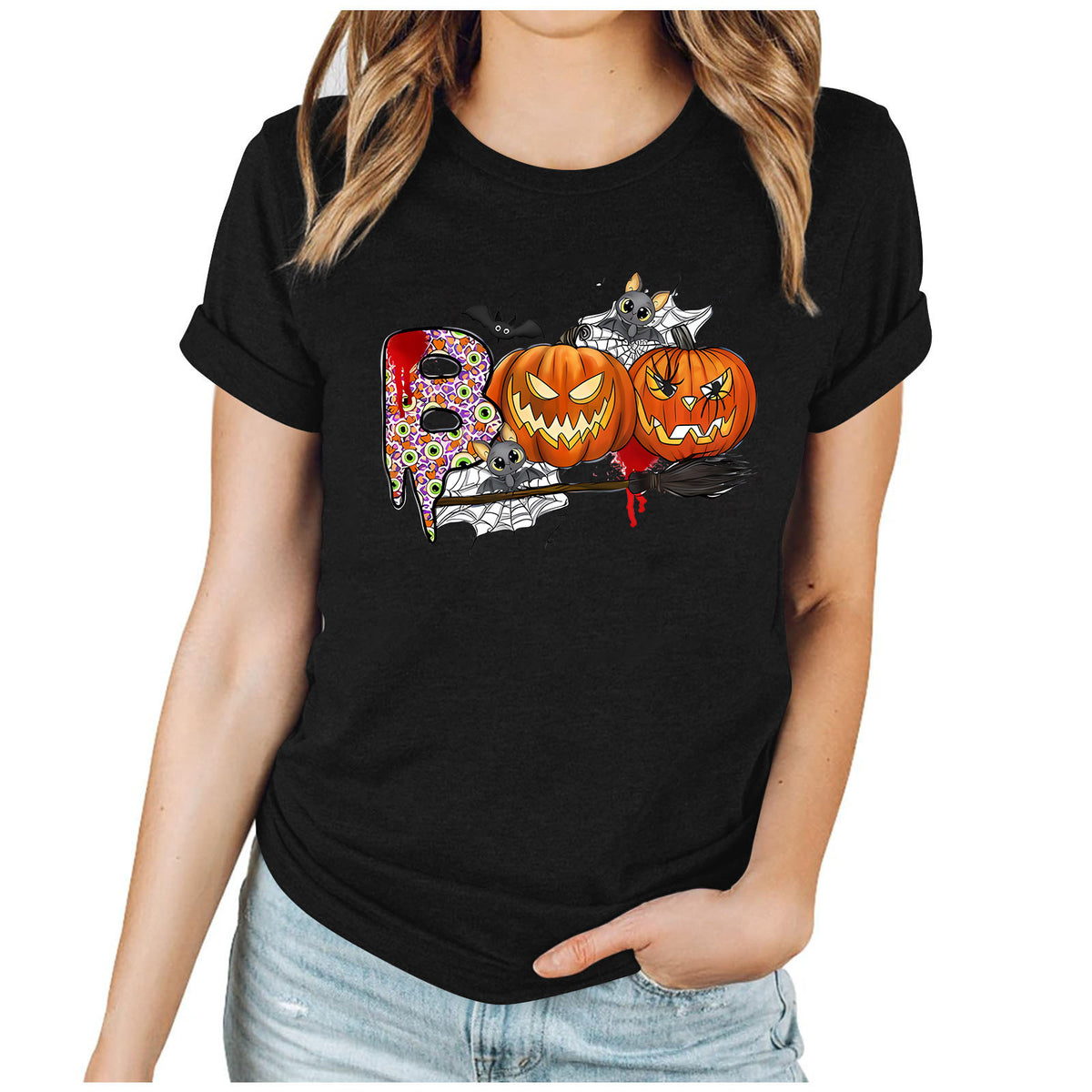 Cartoon Halloween Pumpkin Print Cross-Border Spring and Summer New Spot Multi-Color Cvc Pull-Up 180g Round Neck Short Sleeves