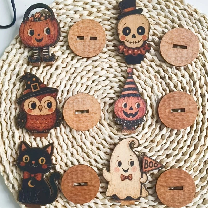 6-Piece Retro Halloween Wooden Decor – Ghost, Pumpkin, Black Cat, Skull, Witch & Owl – Farmhouse Home Party Decor & Gift