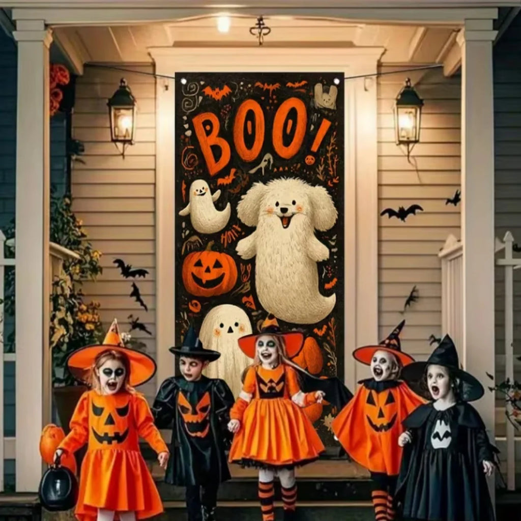 Happy Halloween Decor Door Cover Banner Horror Night Castle Bat Ghost Pumpkin Lantern Backdrop Trick or Treat Party Background
