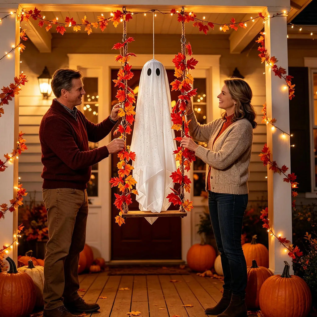 Halloween Porch Decor Glowing Swinging Ghost Prop Halloween Hanging Swing Ghost Decoration with Witch Hat Light-up for Yard