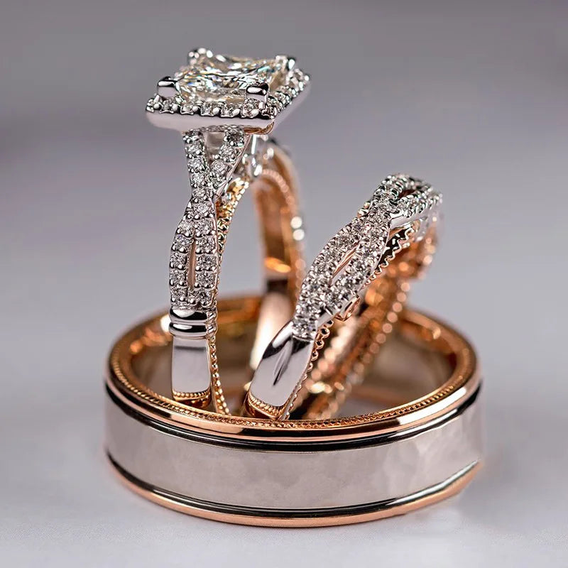 18K Rose Gold Couple Lab Diamond Ring sets Party Wedding band Rings for Women Men Promise Engagement Jewelry