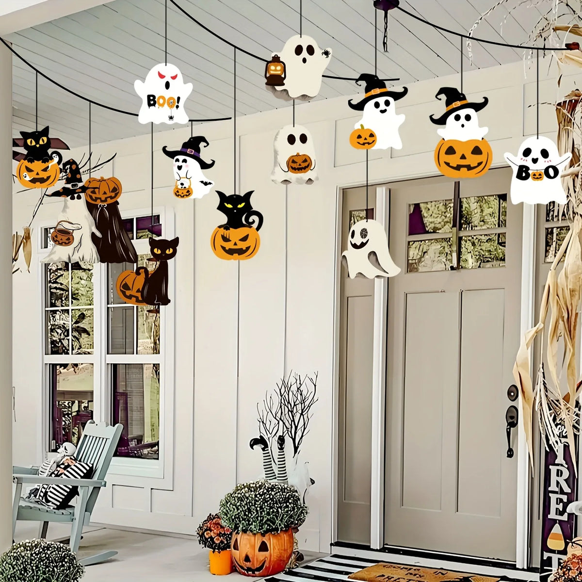 Halloween Hanging Ornaments Ghost Black Cat Pumpkin Witch Hat Hanging Decor for Spooky Halloween Party Porch Ceiling Decoration