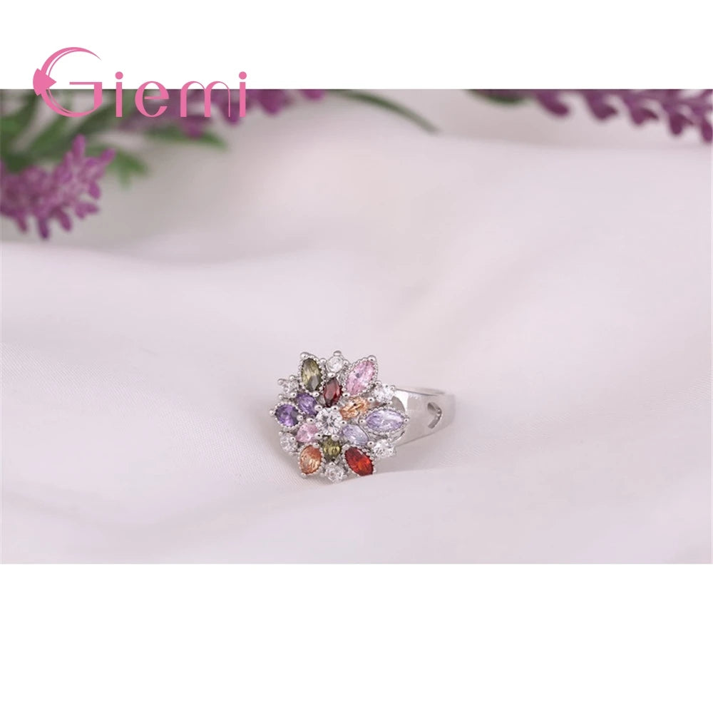 Sparkling Genuine 925 Sterling Silver Band Rings Colorful Flower AAA Cubic Zircon Stone Jewelry for Women Wedding Engagement