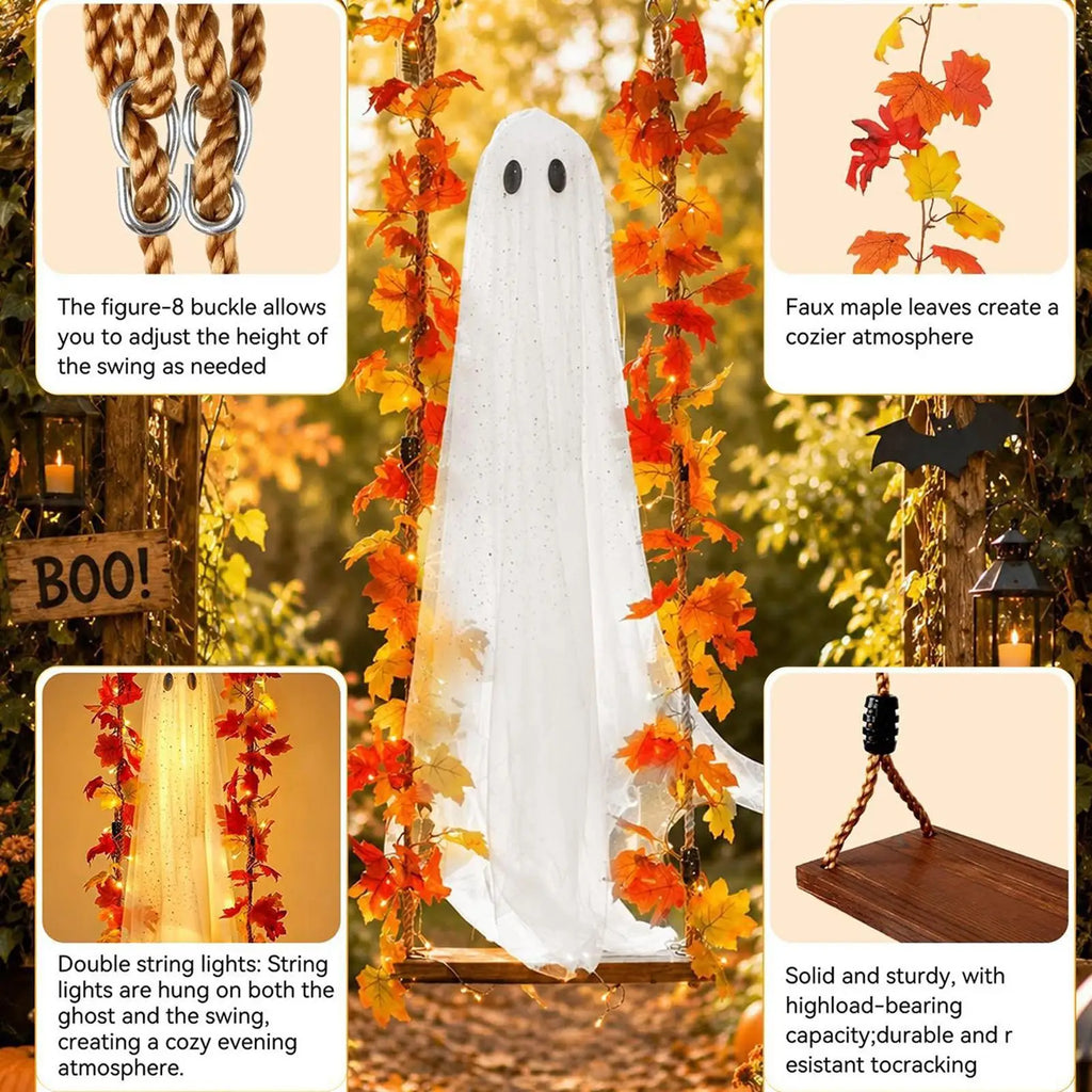 Halloween Porch Decor Glowing Swinging Ghost Prop Halloween Hanging Swing Ghost Decoration with Witch Hat Light-up for Yard