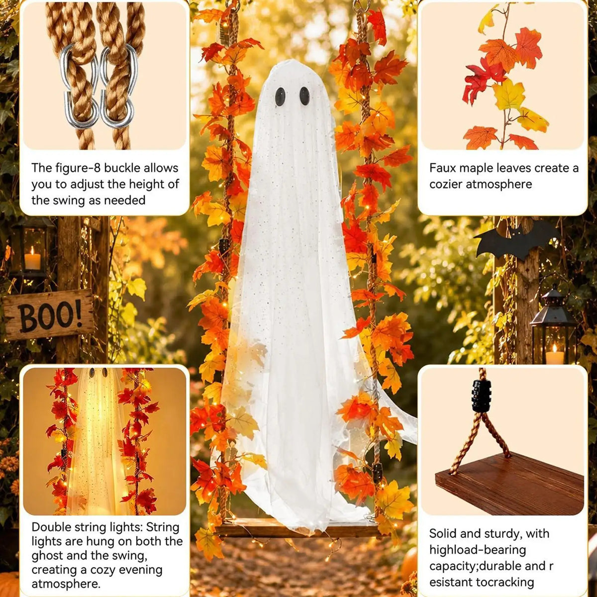 Halloween Porch Decor Glowing Swinging Ghost Prop Halloween Hanging Swing Ghost Decoration with Witch Hat Light-up for Yard