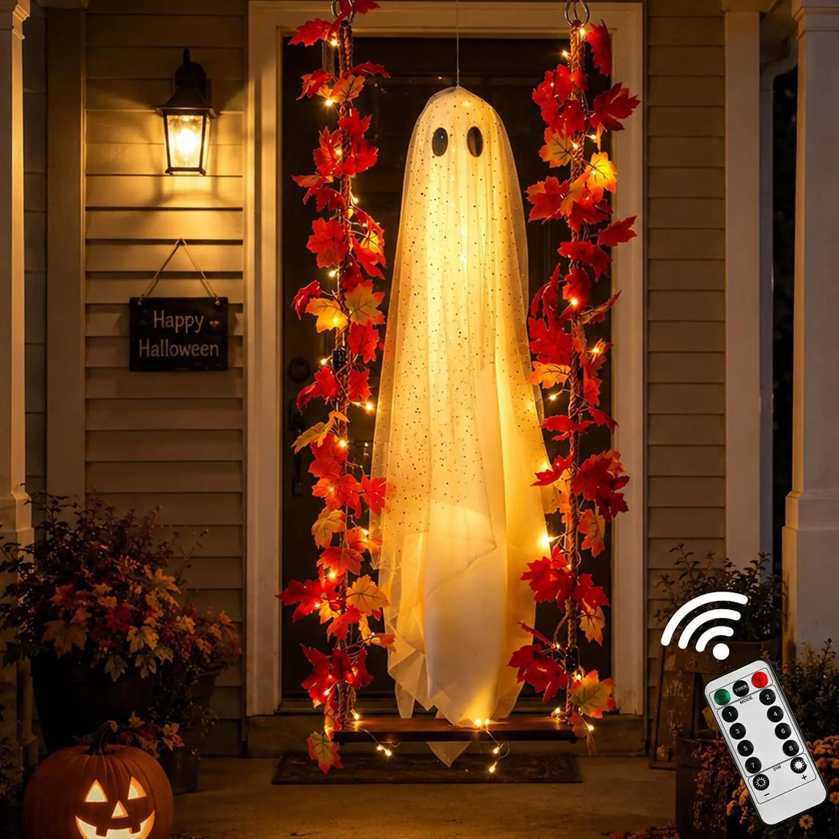 Halloween Porch Decor Glowing Swinging Ghost Prop Halloween Hanging Swing Ghost Decoration with Witch Hat Light-up for Yard