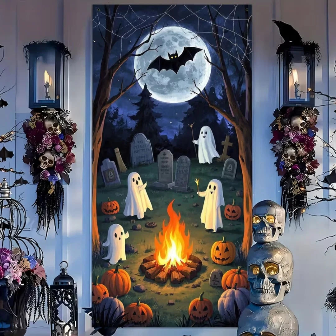Happy Halloween Decor Door Cover Banner Horror Night Castle Bat Ghost Pumpkin Lantern Backdrop Trick or Treat Party Background