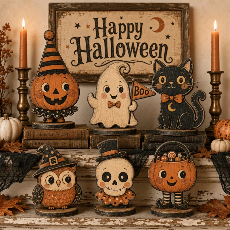 6-Piece Retro Halloween Wooden Decor – Ghost, Pumpkin, Black Cat, Skull, Witch & Owl – Farmhouse Home Party Decor & Gift