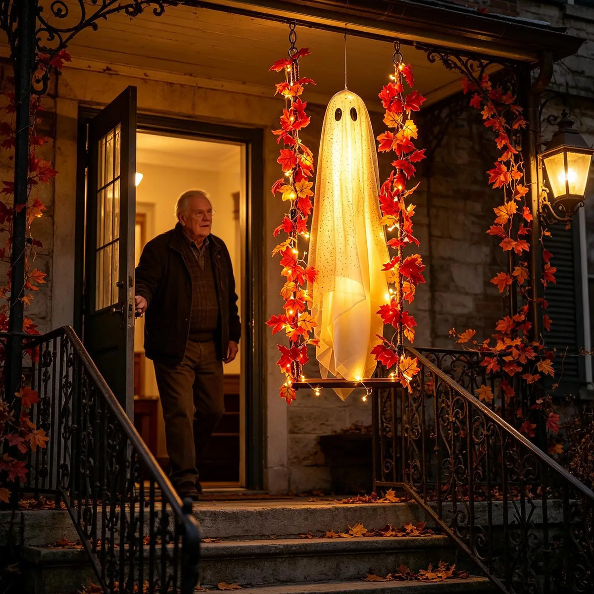 Halloween Porch Decor Glowing Swinging Ghost Prop Halloween Hanging Swing Ghost Decoration with Witch Hat Light-up for Yard