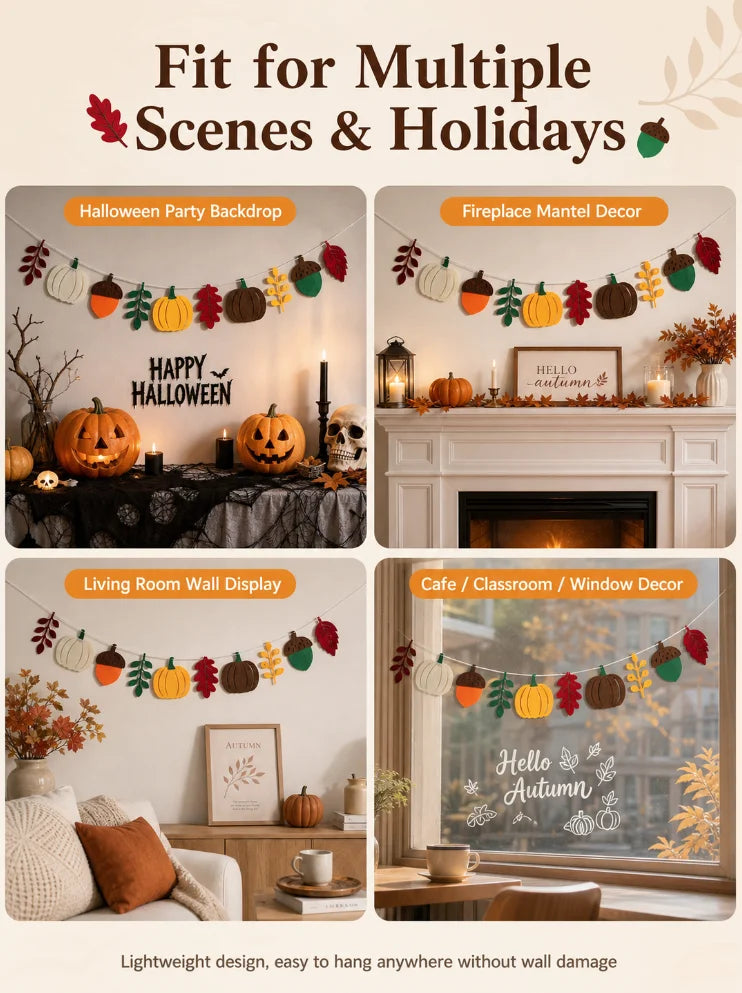 Halloween Fall Pumpkin Felt Garland Thanksgiving Autumn Leaf Acorn Banner Pre-Strung Hanging Decor for Mantel Wall Home Party