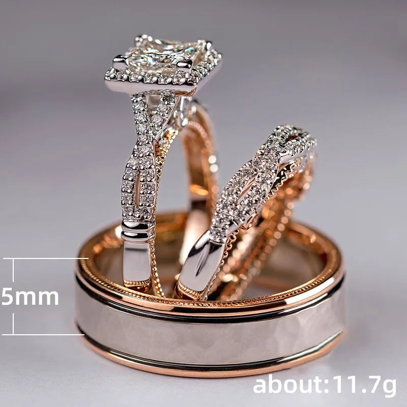 18K Rose Gold Couple Lab Diamond Ring sets Party Wedding band Rings for Women Men Promise Engagement Jewelry