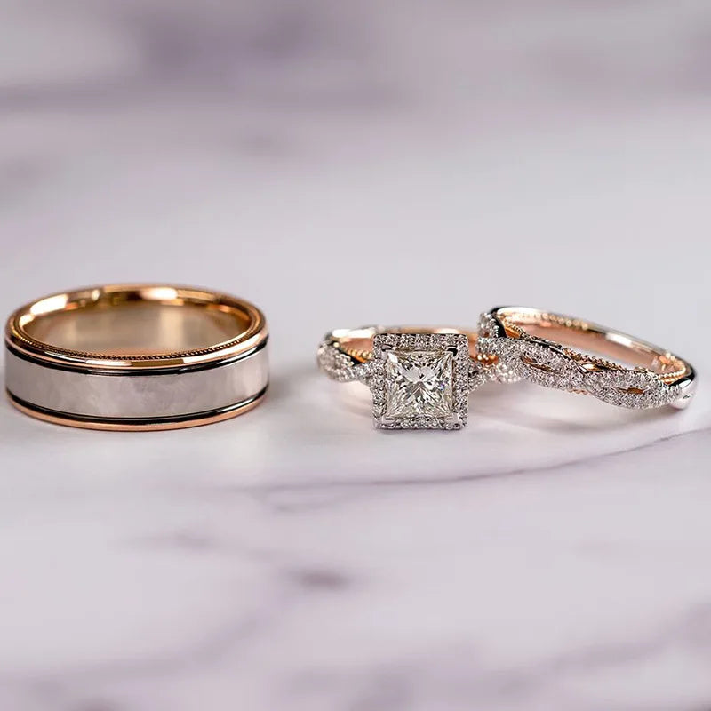 18K Rose Gold Couple Lab Diamond Ring sets Party Wedding band Rings for Women Men Promise Engagement Jewelry