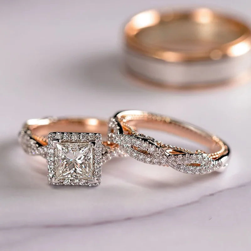 18K Rose Gold Couple Lab Diamond Ring sets Party Wedding band Rings for Women Men Promise Engagement Jewelry